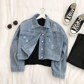 Long-sleeve Denim Crop Jacket Blue - One Size
