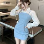 Long-sleeve Drawstring Shirt / Spaghetti Strap Mini Bodycon Dress