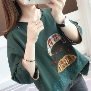 3/4-sleeve Embroidered Cartoon T-shirt