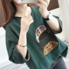 3/4-sleeve Embroidered Cartoon T-shirt