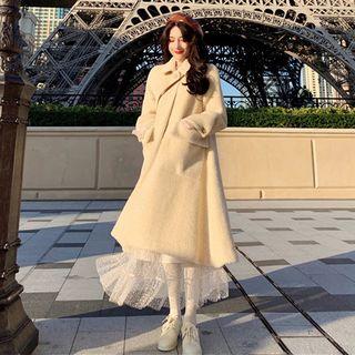 Buttoned Long Coat / Long-sleeve Midi Mesh Dress / Camisole / Set