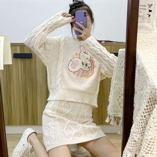 Set: Rabbit Embroidered Cable Knit Sweater + Mini Pencil Skirt Set Of 2 - Sweater & Pencil Skirt - Off-white - One Size