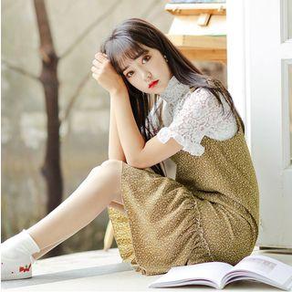 Set: Short Sleeve Lace Top + Ruffle Hem Floral Print Pinafore Dress