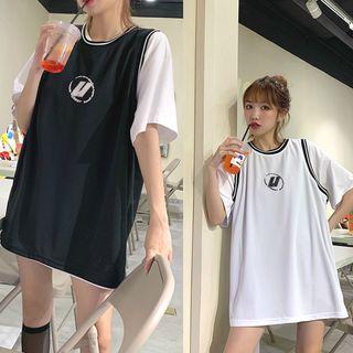 Plain Crewneck Short-sleeve Top / Color-block Lettering Print Tank Top