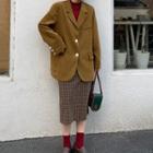 Long-sleeve Top / Plain Blazer / Plaid Straight-fit Midi Skirt