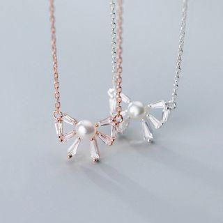 925 Sterling Silver Faux Pearl Bow Pendant Necklace
