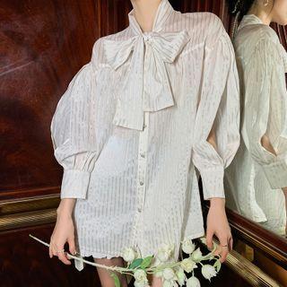 Long-sleeve Striped Cutout Bow Shirt
