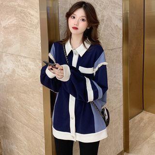 Color Block Collared Pullover As Shown In Figure - One Size