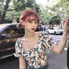 Cherry Printed Short-sleeve Slim-fit Crop Blouse White - One Size
