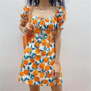 Orange-print Puff-sleeve Mini Dress