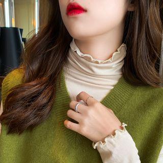 Cowl-neck Ruffled-trim Plain T-shirt