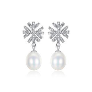 Sterling Silver Fashion And Elegant Snowflake White Freshwater Pearl Earrings With Cubic Zirconia Silver - One Size