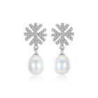 Sterling Silver Fashion And Elegant Snowflake White Freshwater Pearl Earrings With Cubic Zirconia Silver - One Size