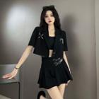 Short-sleeve Metal Accent Cropped Blazer / Pleated Skirt