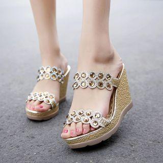 Jeweled Slide Wedge Sandals