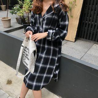 Notch Lapel Hooded Long Shirt Plaid - Black & White - One Size