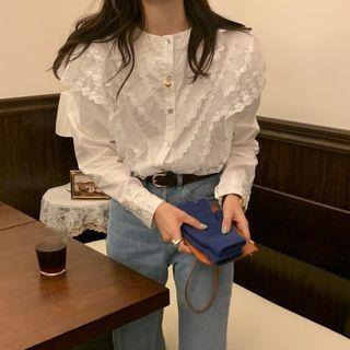 Layered Lace-trim Long-sleeve Shirt White - One Size