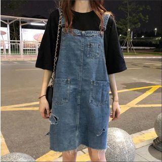 Frayed Hem Ripped Denim Dungaree Dress Blue - One Size