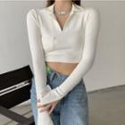 Pocket-detail Cropped Long-sleeve Top As Shown In Figure - One Size