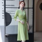 3/4-sleeve Twist-front Midi A-line Dress