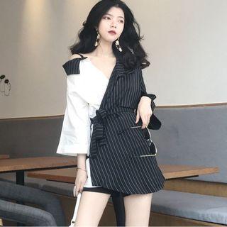 Striped Panel 3/4 Sleeve Long Shirt