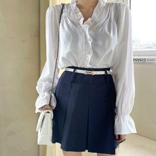 V-neck Pintuck Frilled Blouse