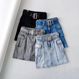 Belted Washed A-line Denim Skirt