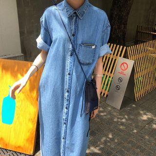 Short-sleeve Midi Denim Dress Denim Blue - One Size