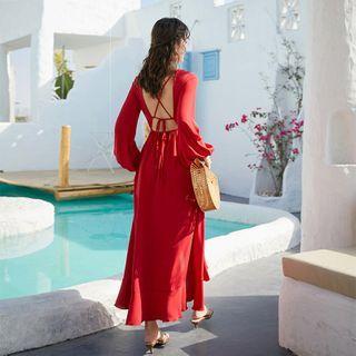 Long-sleeve Open-back Slit Maxi A-line Dress