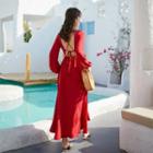 Long-sleeve Open-back Slit Maxi A-line Dress