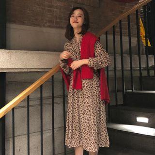 Floral Print Tie-neck Long-sleeve A-line Midi Dress