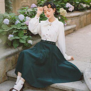 Long-sleeve Tie Neck Shirt / Midi A-line Skirt / Set