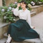Long-sleeve Tie Neck Shirt / Midi A-line Skirt / Set