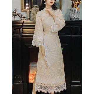 Bell-sleeve Mandarin Collar Lace Midi A-line Dress