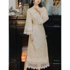 Bell-sleeve Mandarin Collar Lace Midi A-line Dress