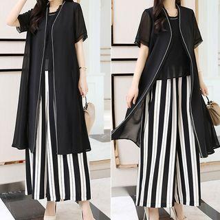 Set: Short-sleeve Long Light Jacket + Chiffon Tank Top + Striped Wide Leg Pants