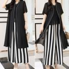 Set: Short-sleeve Long Light Jacket + Chiffon Tank Top + Striped Wide Leg Pants
