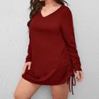 Plus Size Long-sleeve V-neck Drawstring Plain Mini Dress