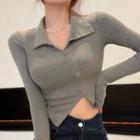 Long-sleeve Collared Asymmetrical Crop Top