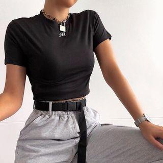 Short-sleeve Letter Embroidery Cropped T-shirt