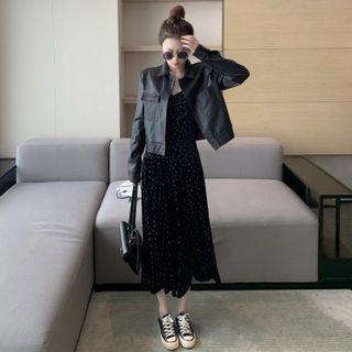 Faux Leather Zip Jacket / Spaghetti Strap Midi A-line Velvet Dress