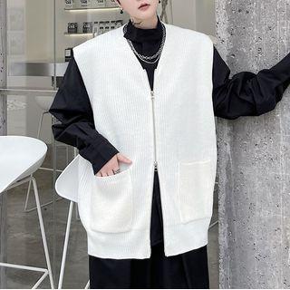 V-neck Zip-up Knit Vest