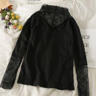 Lace-panel Mock-neck Velvet Top Black - One Size