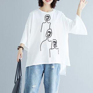 3/4-sleeve Asymmetric Print T-shirt