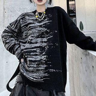 Gradient Print Distressed Sweater