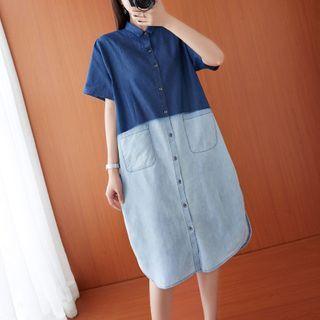 Two-tone Denim Short-sleeve Slit Midi Shirtdress Blue - One Size