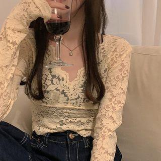 V-neck Lace Top Beige - One Size
