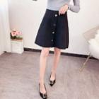 Buttoned A-line Knit Skirt Black - One Size