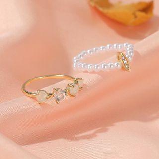 Set: Rhinestone Ring + Faux Pearl Ring 01 - Gold - One Size