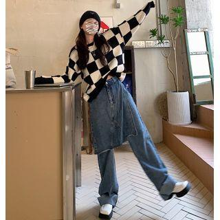 High Waist Mock Two-piece Wide Leg Jeans